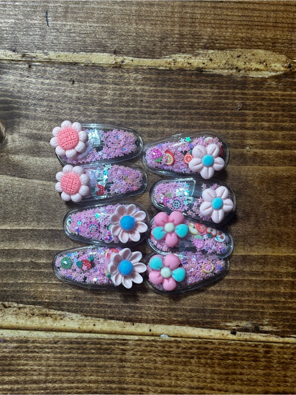 Kids Pink Floral Glitter Hair Clips - Set of 8